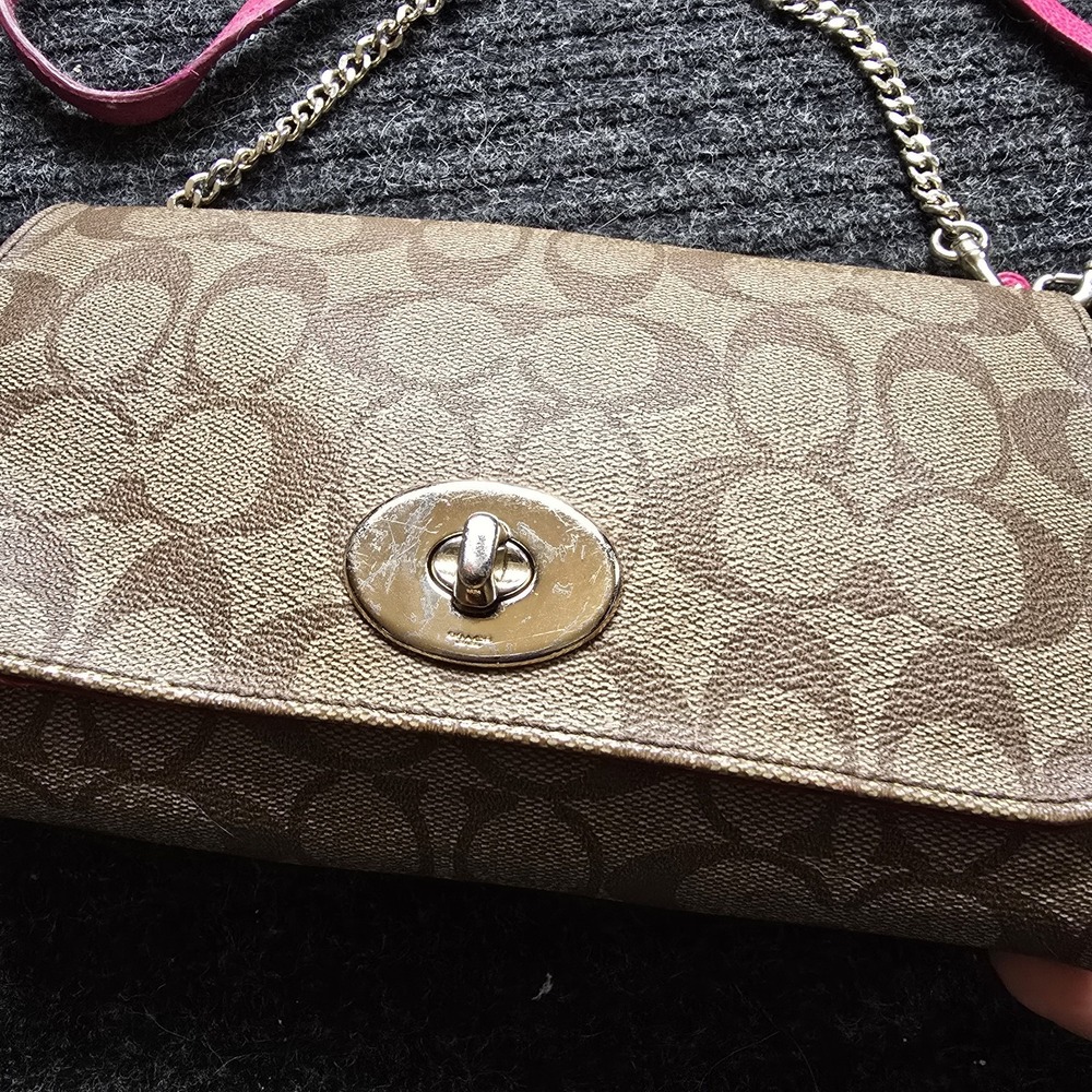 Coach Mini Ruby Chain Shoulder Pink Trim Brown Signature Leather Canvas Turnlock - Picture 2 of 12